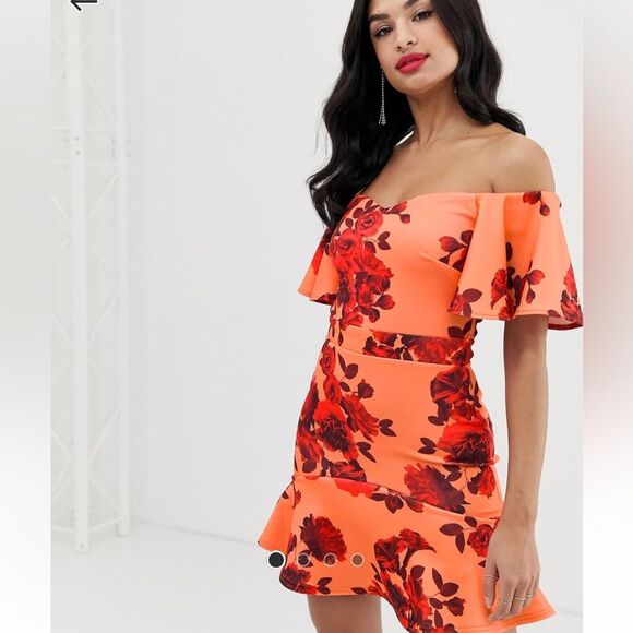 ASOS True Violet Bardot mini dress off the shoulder scuba ruffle floral print 10 - Picture 12 of 14